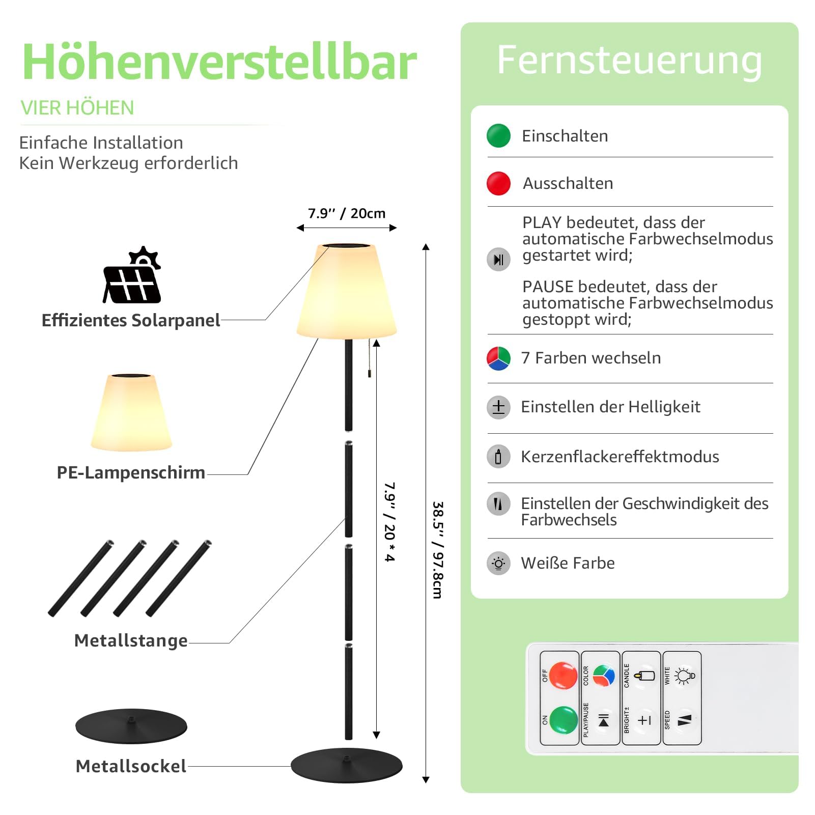MALUX Lámpara de pie solar, lámpara de pie inalámbrica con sensor de luz, IP44, resistente al agua, altura regulable de 147 cm, lámpara de pie solar para exterior, lámpara de pie para decoración