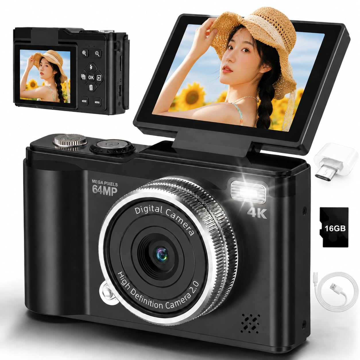 Amazon | 4Kデジカメ 6400万画素 デジタルカメラ 180度回転可能