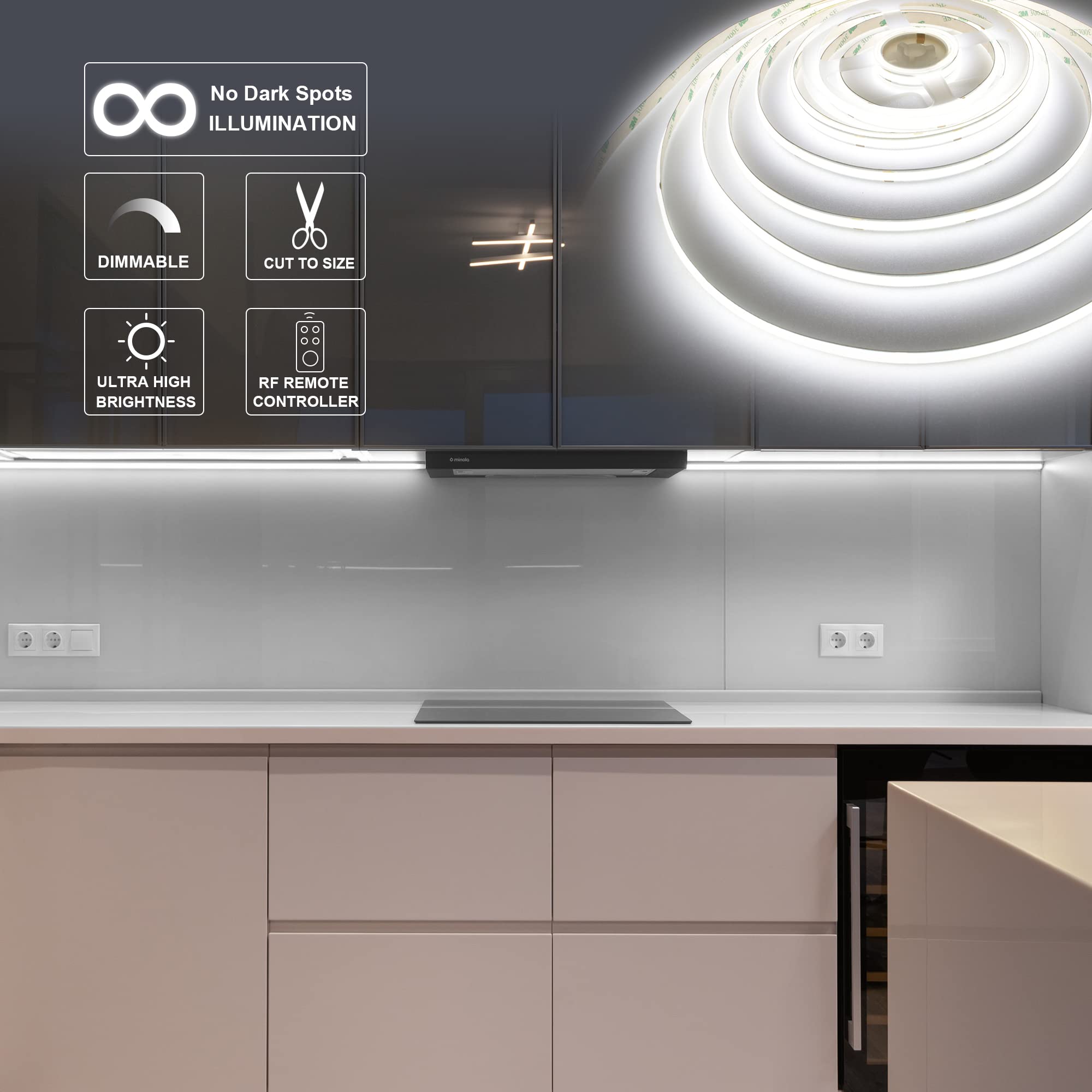 BERIXDEEP Striscia LED COB 5 Metri, Striscia LED Bianco Freddo con Alimentatore e Telecomando, CRI>90, DC24V, 480LEDs/M, Larghezza 8mm, Striscia LED Continua senza Punti Luce, 6000K