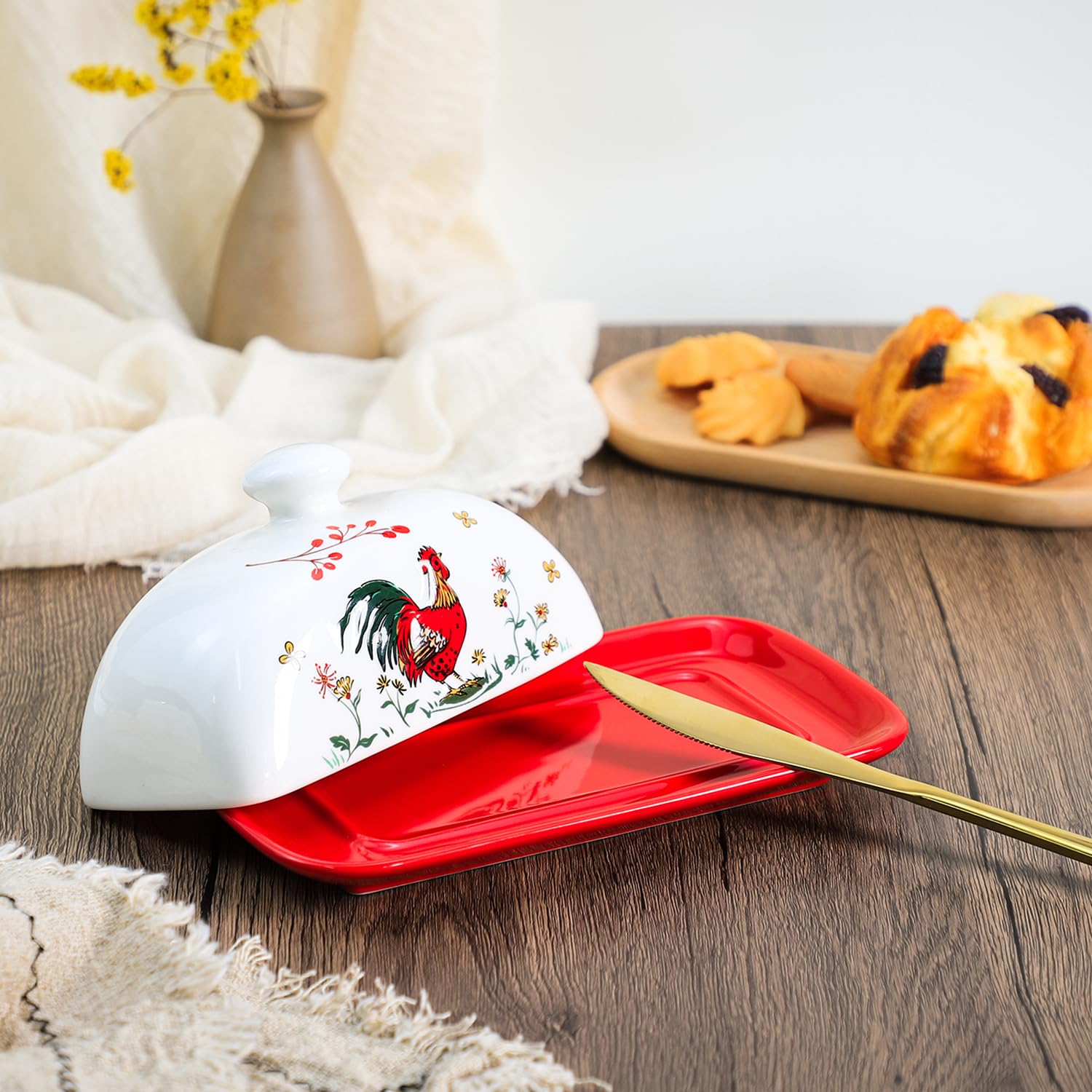 Amazon | Sizikato クラシック磁器バターディッシュ 蓋付き 美しい雄鶏