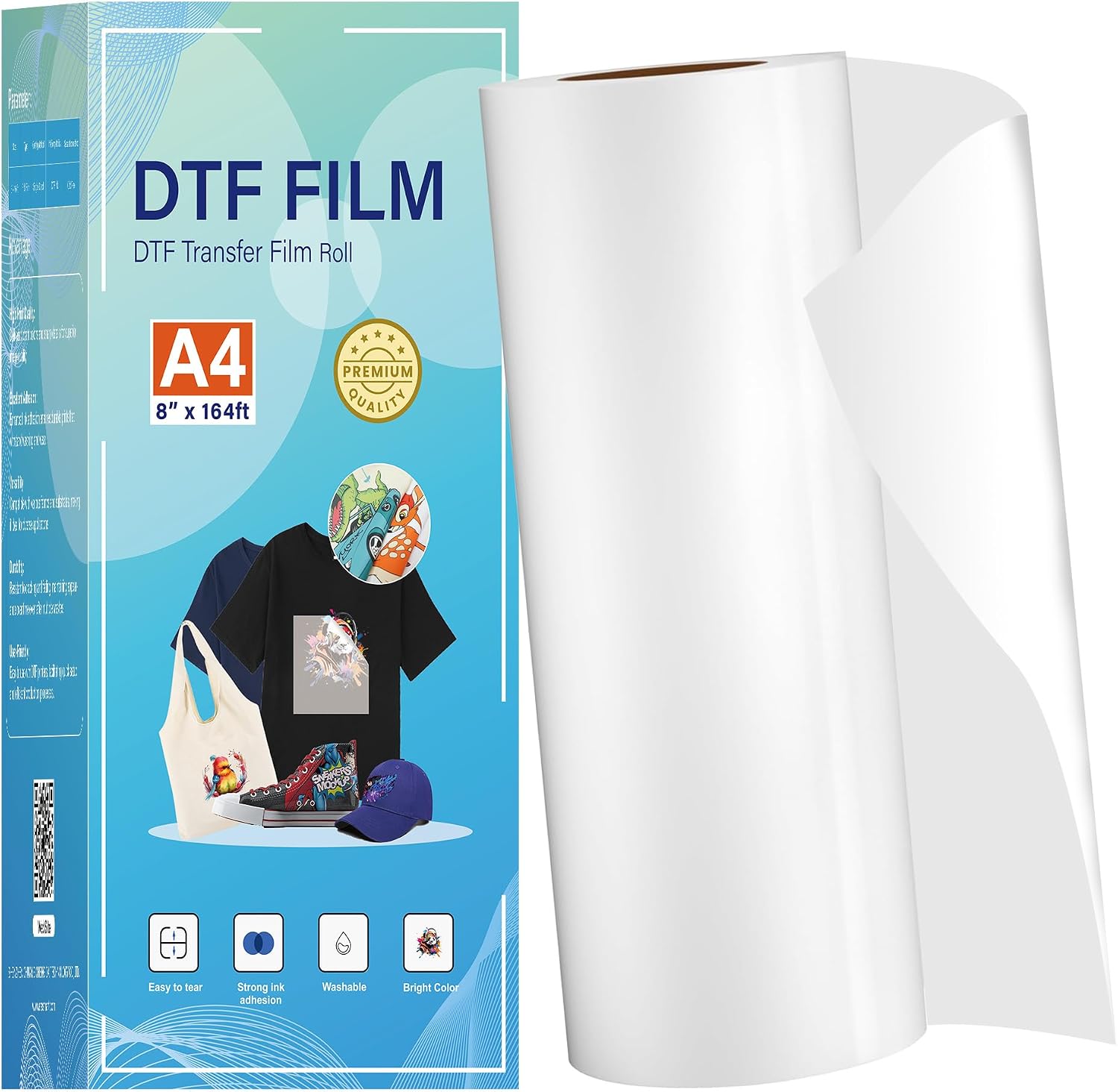 A4 DTF Transfer Film Roll, Double Sided Glossy Clear PreTreat PET Heat Transfer Paper for Inkjet Printer Direct Print on T Shirts Textile(8.3" × 164 ft)