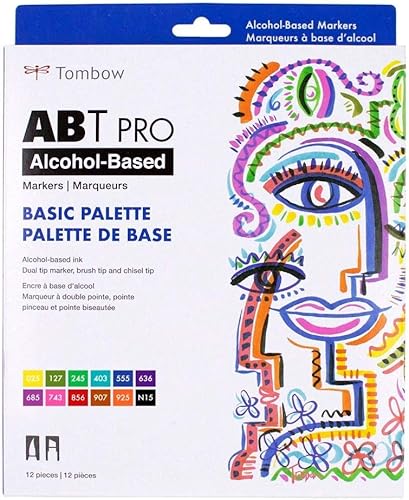 Tombow 56961 ABT PRO Marcadores de alcohol, paleta básica, juego de 12 colores, doble punta, marcadores de arte permanentes con puntas de cincel y