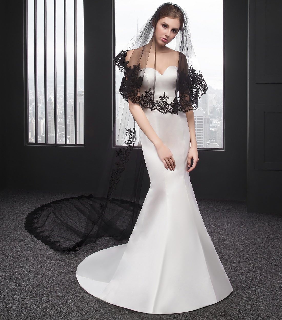 EllieHouse 2 Tier Lace Black Wedding Bridal Veil With Comb L30