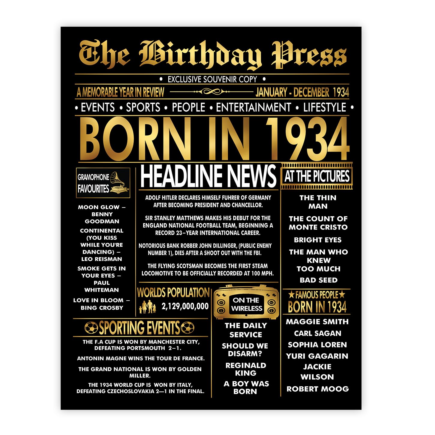 Stuff4 Men's 1934 Gold 92Nd Birthday Poster Unframed - Golden Born In Newspaper - Happy 92 Birthday For Wo Retro Vintage Gifts Back In 8X10 Inch Bday Party Decor Decoration