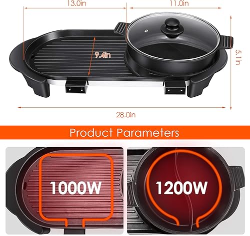 Miniatura 6 de SEAAN Parrilla eléctrica extraíble Shabu-shabu Pot Grill desmontable con bandeja de horno de gran capacidad, sartén antiadherente para barbacoa,