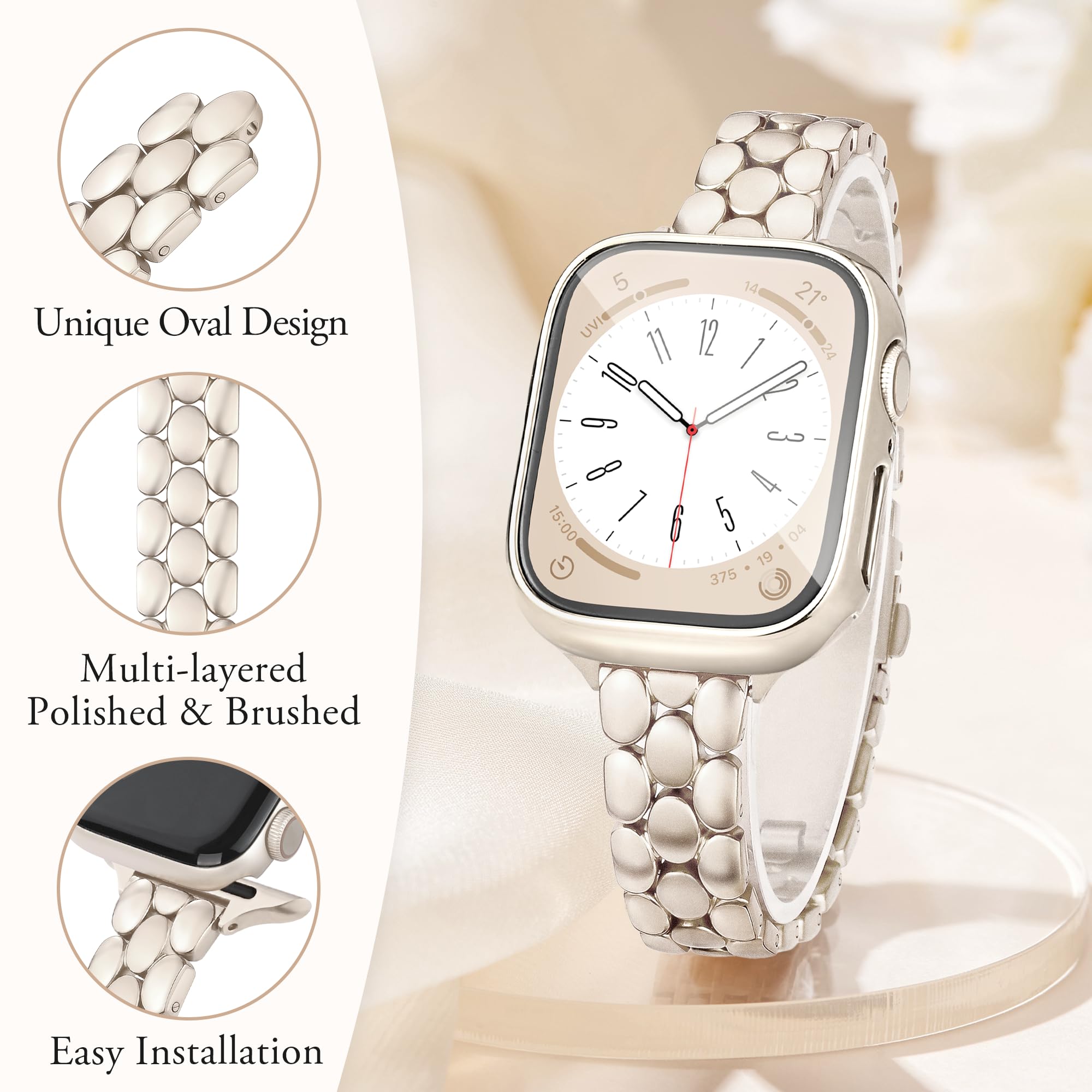 Melyis Cinturino sottile in metallo con custodia per Apple Watch da donna 40 mm, cinturino sottile in acciaio inossidabile per iWatch da donna, elegante cinturino per Apple Watch con pellicola