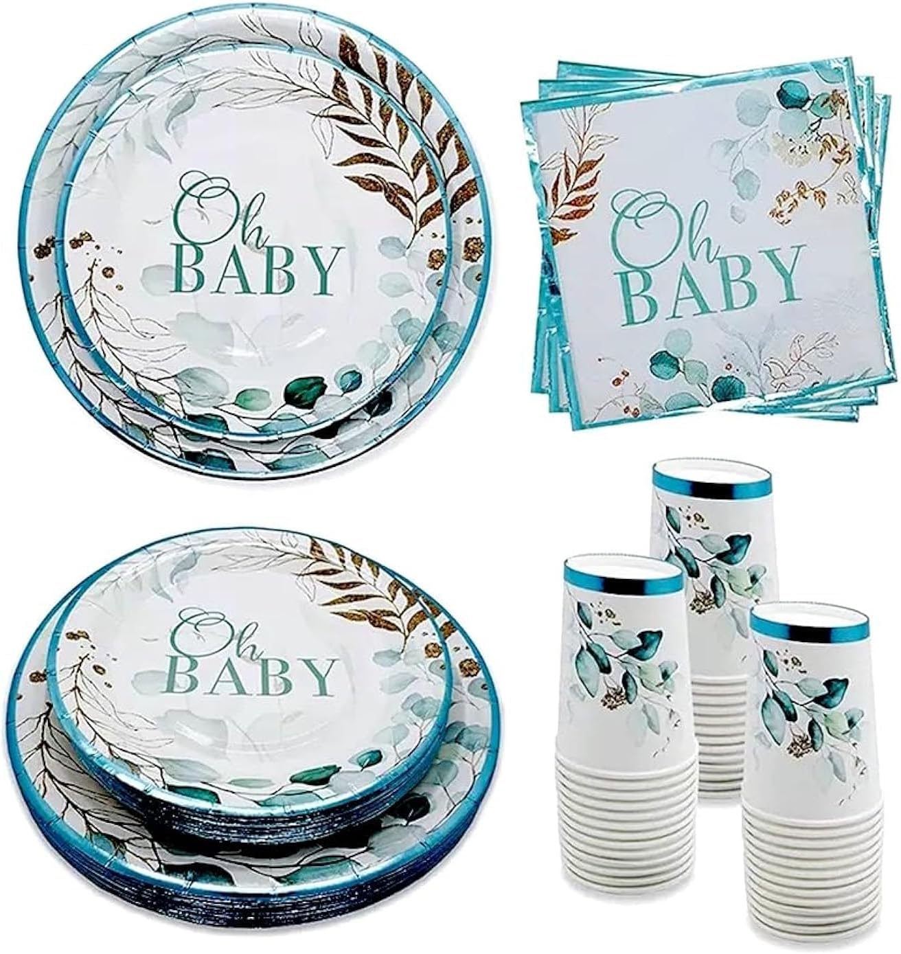 Tableware Set for Baby Shower With Blue Foil, 20 Servings, Plates, Napkins and Cups. 80 pcs Set.