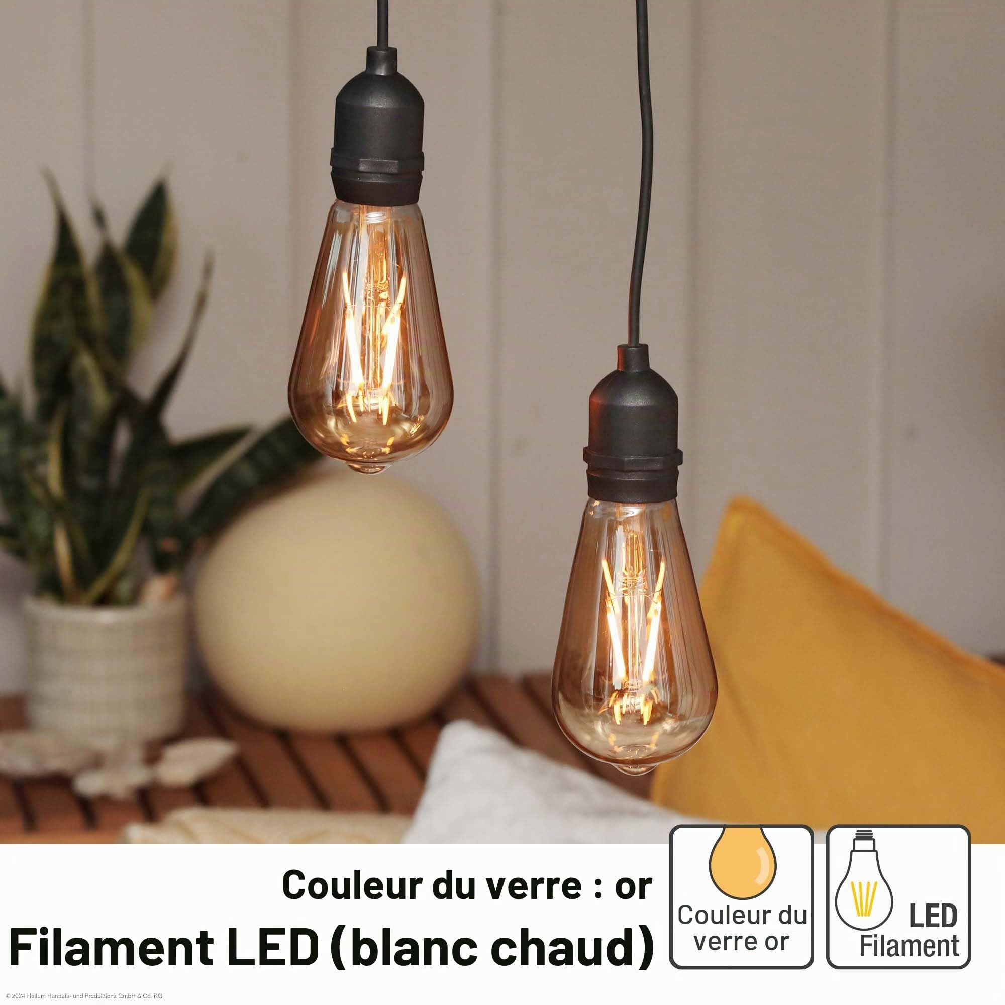 Hellum Lot de 2 lampes suspendues d'extérieur avec batterie et télécommande - Ampoule dorée avec batterie et minuterie - ST64 - Diamètre : 6,4 x 13,8 cm - Lampe suspendue pour l'extérieur avec