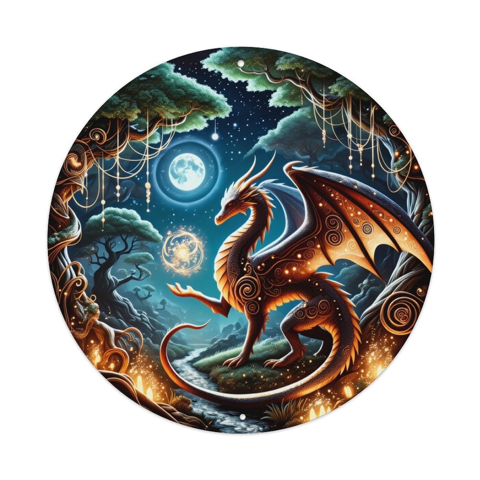 Fantasy Dragon Moonlight Forest Magic Round Tin Sign Vintage Metal Poster, Home Bar Garage Man Cave Cafe Indoor & Outdoor Wall Decoration 8x8Inches