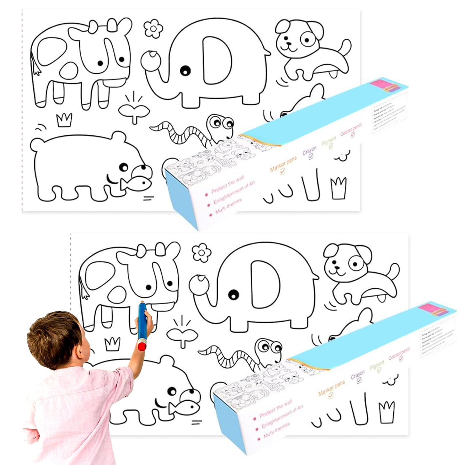 Rollo de Dibujo para Niños,Rollo para Colorear para Niños,Rollo de Pintura para Niños,Rollo de Dibujo Creativo para Colorear,Rollo de Papel para Colorear para Niños,30 * 300 cm,animal,2 Pcs