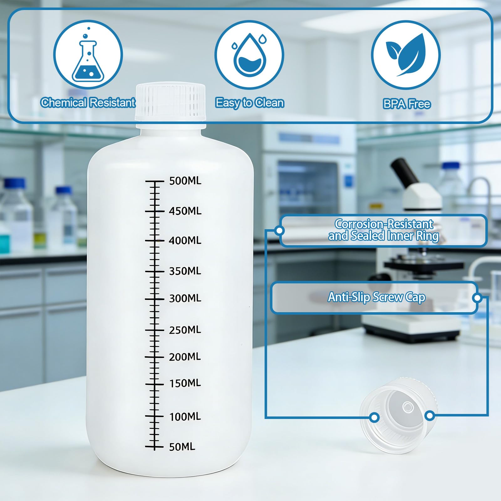 HDPE-Reagenzflaschen -500 ML Laborqualität Flüssigkeits-Aufbewahrungsflaschen, 4 Stück schmalhalsige Kunststoffflaschen mit dichtschließendem Deckel, chemikalienbeständig