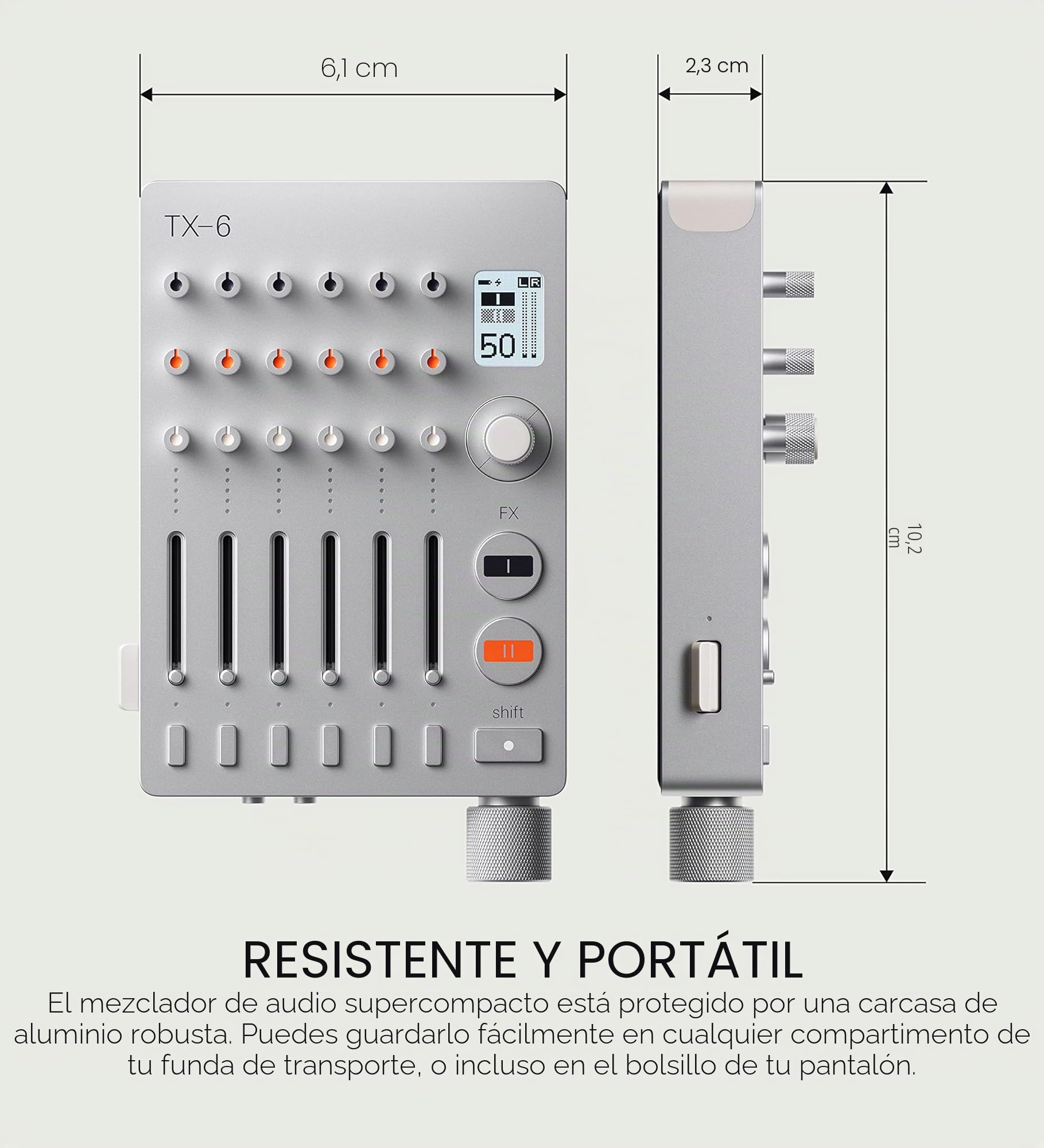 Teenage Engineering TX–6 Mezclador portátil con 6 canales estéreo e interfaz de audio USB con batería recargable de 8 horas, midi BLE y USB, compatible con iOS