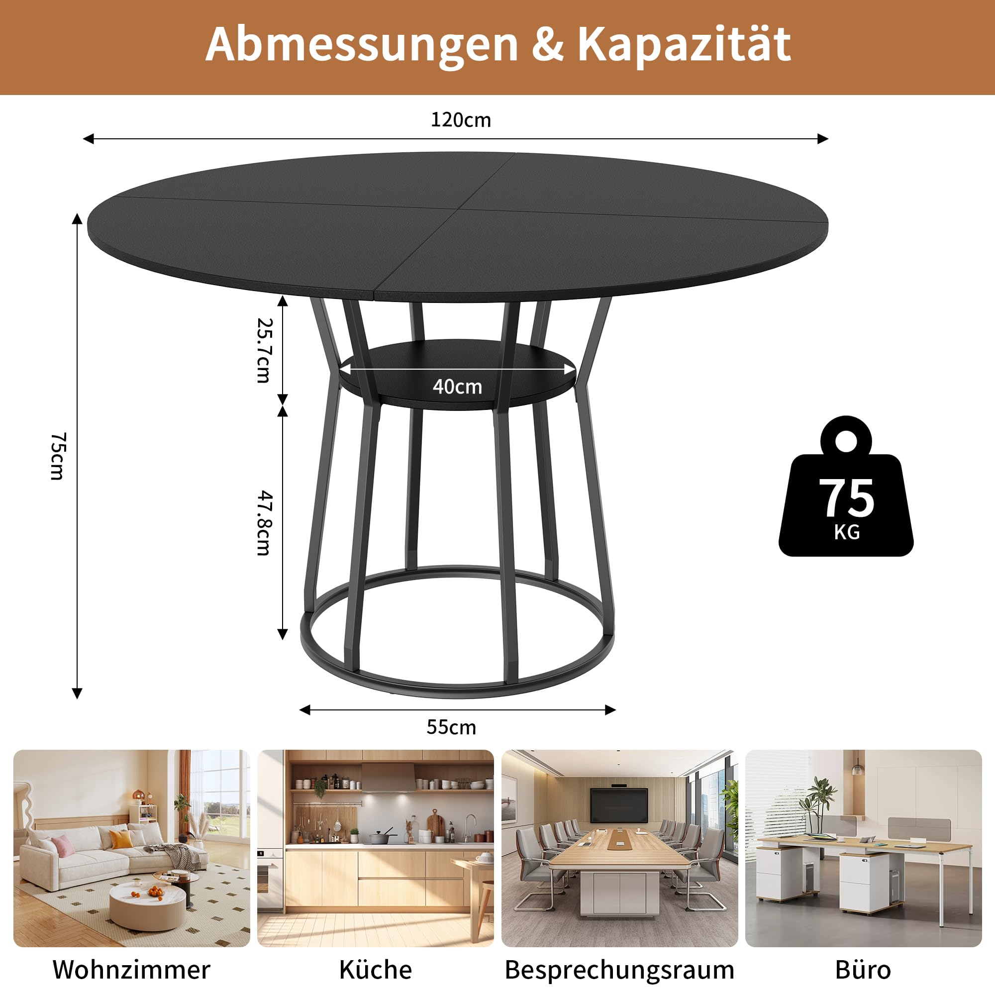 Table ronde de salle à manger en bois pour 4 à 6 personnes avec plateau en bois et base en acier circulaire pour cuisine salon salle à manger 120 cm