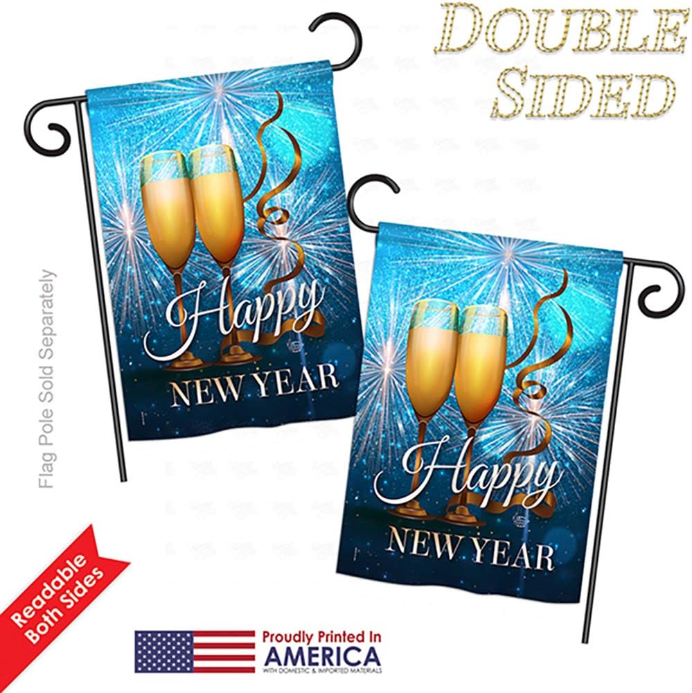 New Year Fireworks Garden House Flags Set Clock Countdown Champagne Party Celebrate Small Decorative Gift Yard Banner Double-Sided Made In USA 28 X 40