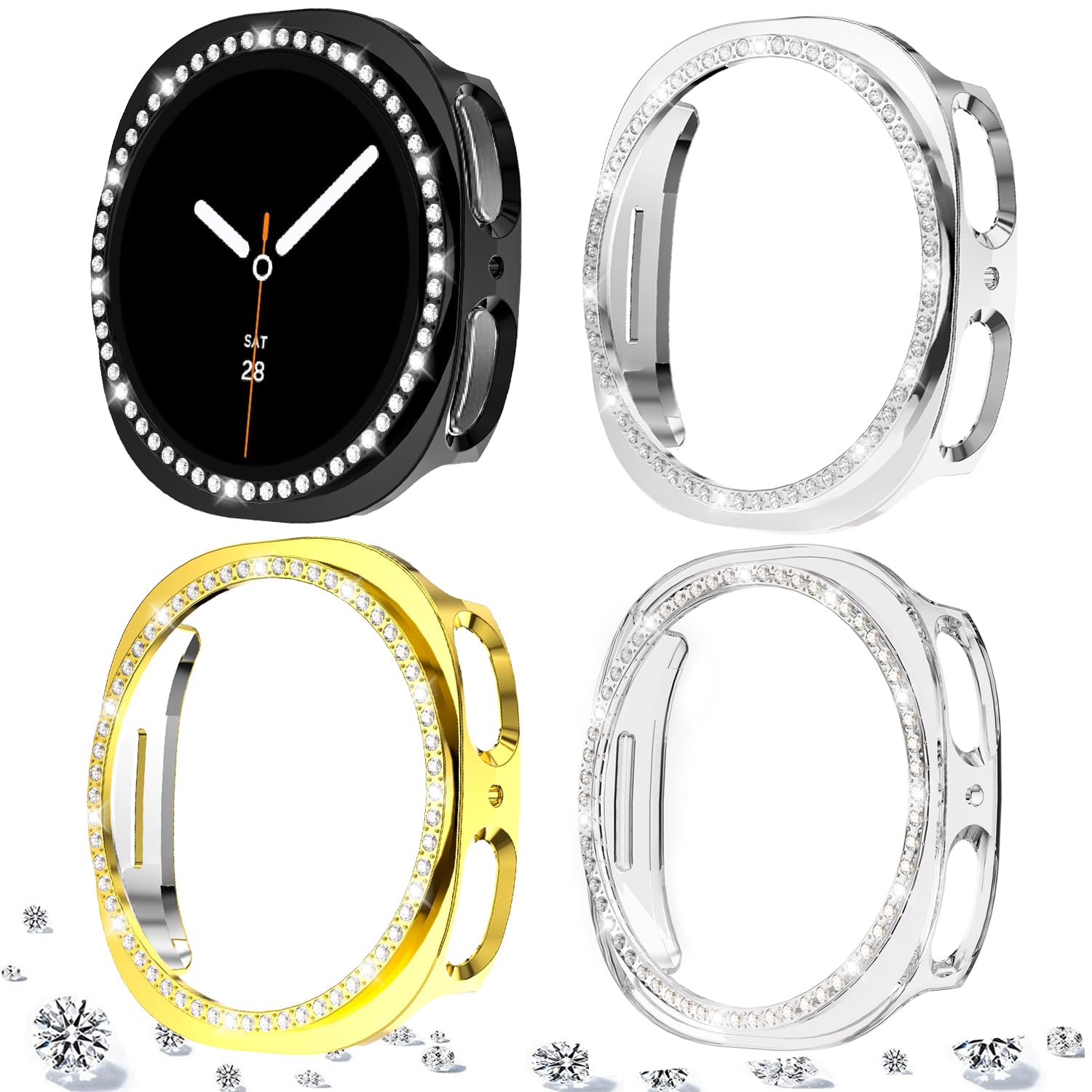 DEALELE [2-PACK] Case Compatible with Samsung Galaxy Watch 5/4 44mm, Bling Single-Row Diamond PC Protective Case Replacement Watch Cover Bumper (44mm, Gold+Transparent) — view 180