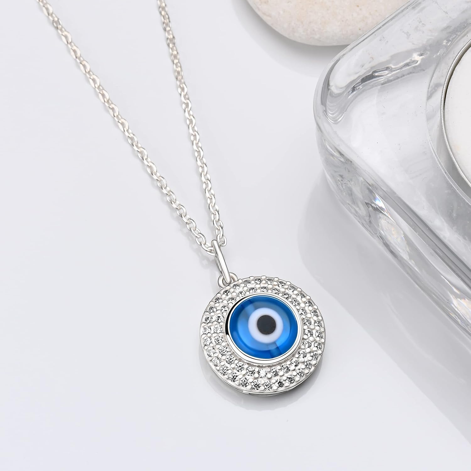 ELEGANZIA Blue Evil Eye Necklace for Women Sterling Silver Cubic Zirconia Turkish Eye Pendant Third Eye Necklace Lucky Evil Eye Necklace Charm Protection Jewelry Amulet Adjustable 18"-20" - Image 4