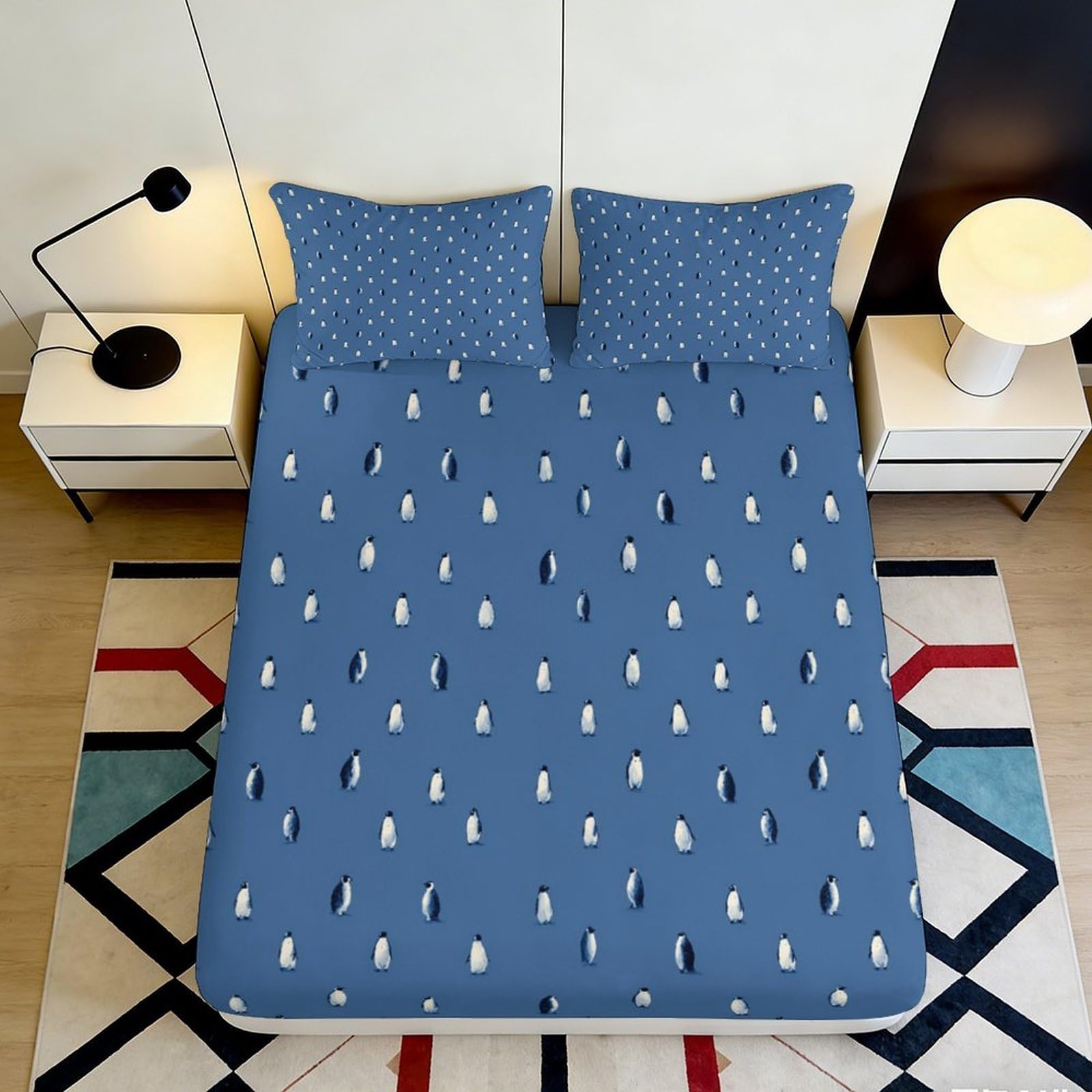 3D Printed Blue Geometric Fitted Sheet Microfiber Soft Breathable Abstract Mattress Cover for Bedroom Dorm Decor 90x200x25cm