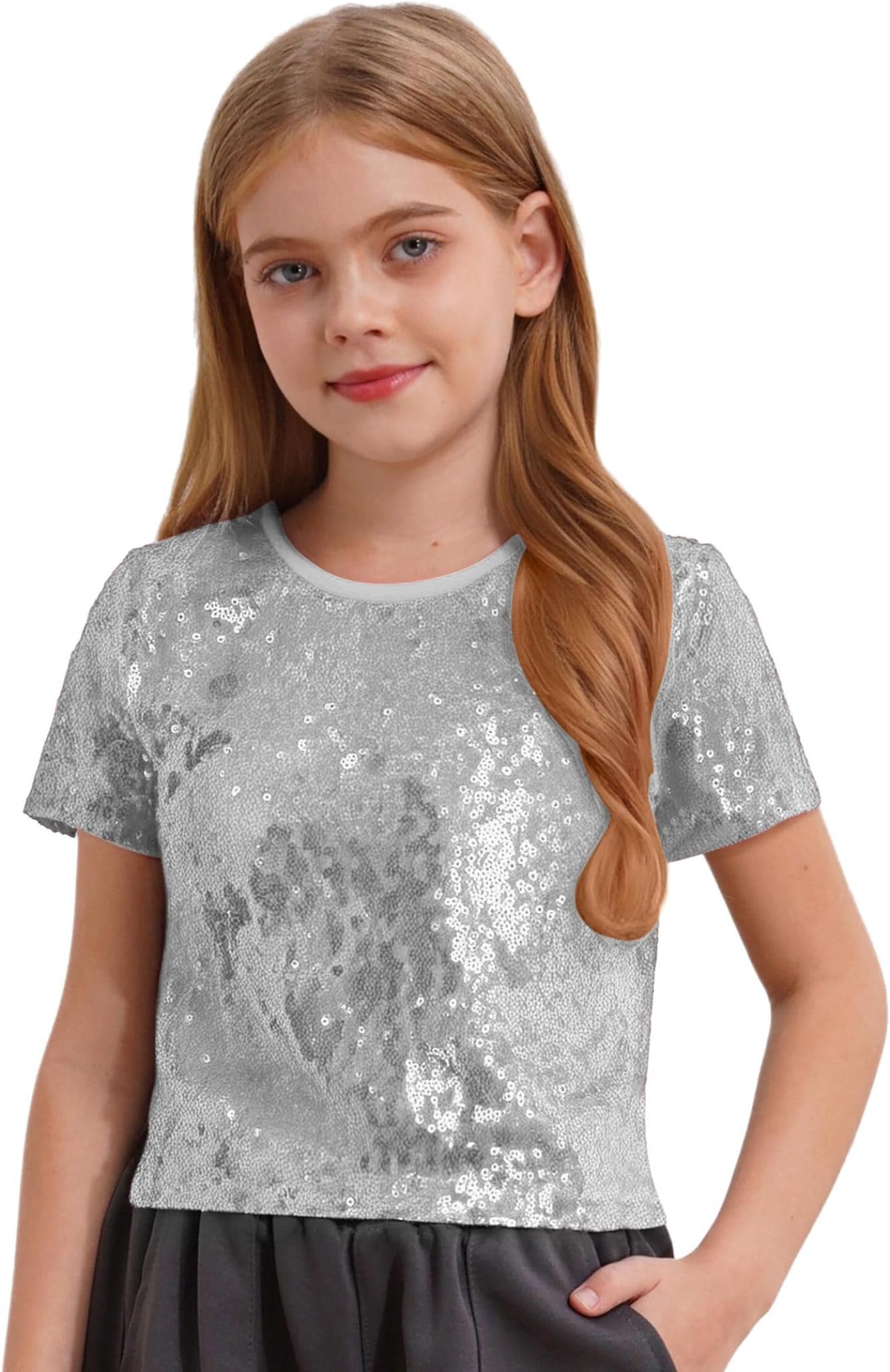 Kids Girls Sequin Hip Hop Jazz Dance Crop Tops Sparkly Round Neck Short Sleeve T-Shirt Party Glitter Tee Blouse