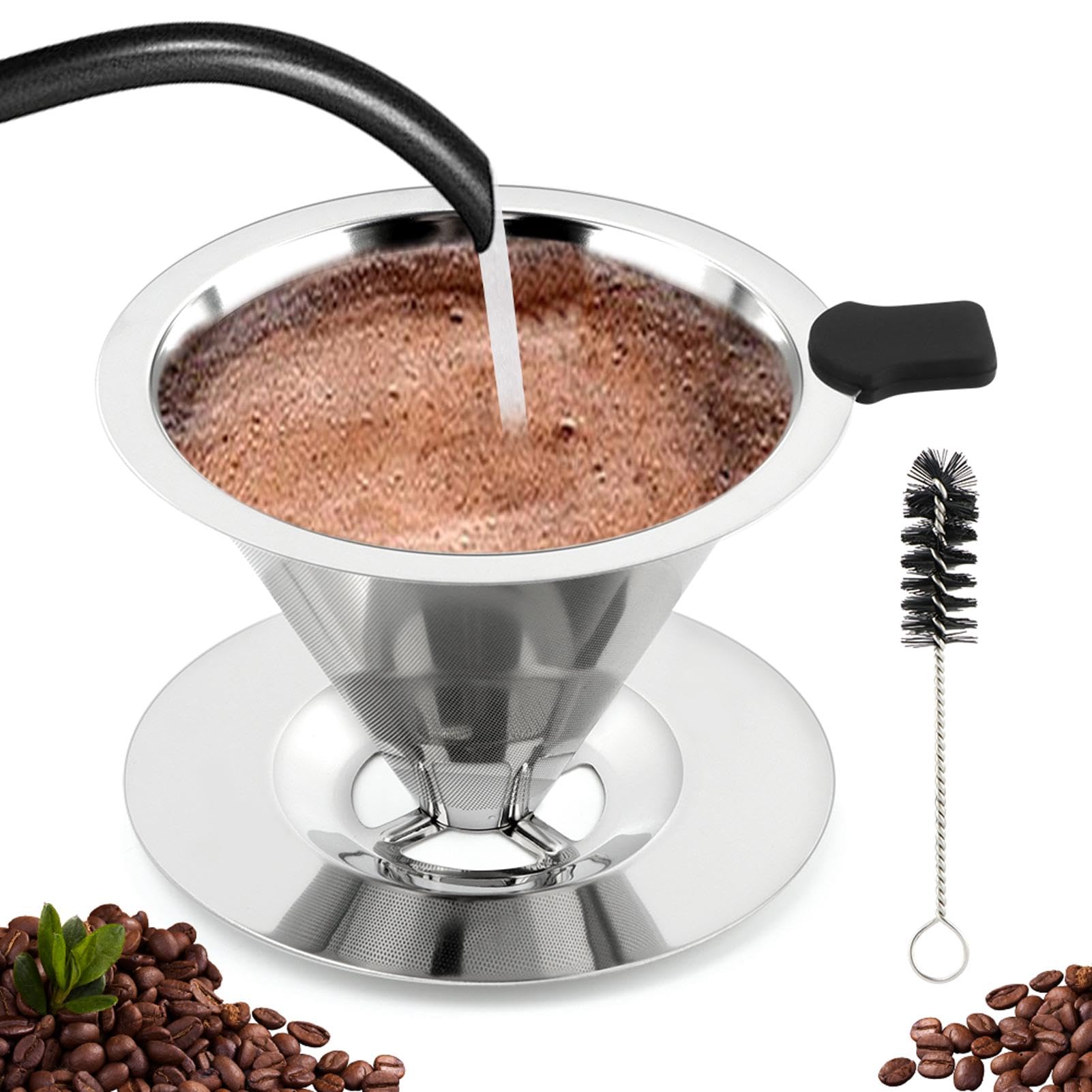 Kaffee-Tropfer mit Reinigungsbürste, verbesserter Doppel-Micro-Mesh-Filter mit Tassenständer, Edelstahl-Kaffeefilter, wiederverwendbarer Kaffeefilter, zum Übergießen der Kaffeemaschine (3–4 Tassen)