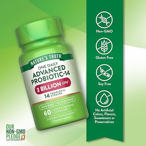 Miniatura 3 de Nature's Truth Cápsulas de probióticos | 3 mil millones de UFC | 60 unidades | para hombres y mujeres | 14 cepas | Suplemento sin OMG y sin gluten