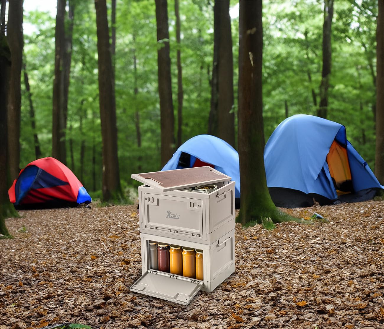 Xcase Campingbox: 2er-Set Aufbewahrungsboxen mit Deckel & MDF-Ablage, je 30 l, faltbar (Camping Boxen, Aufbewahrung Box mit Deckel, Auto)
