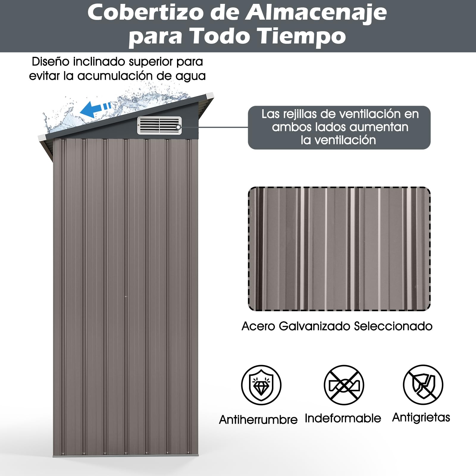 COSTWAY Caseta Jardin Exterior 1,5 m³, 150 x 90,5 x 185 cm, Cobertizo de Almacenamiento, Casa de Herramientas con Diseño de Techo Inclinado, Estructura de Metal Galvanizado (Gris Claro)