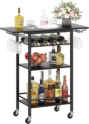 Miniatura 8 de LAATOOREE Carrito de bar de 4 niveles, carrito de servicio para el hogar, carrito móvil negro para bebidas, estante de cocina rodante con soportes