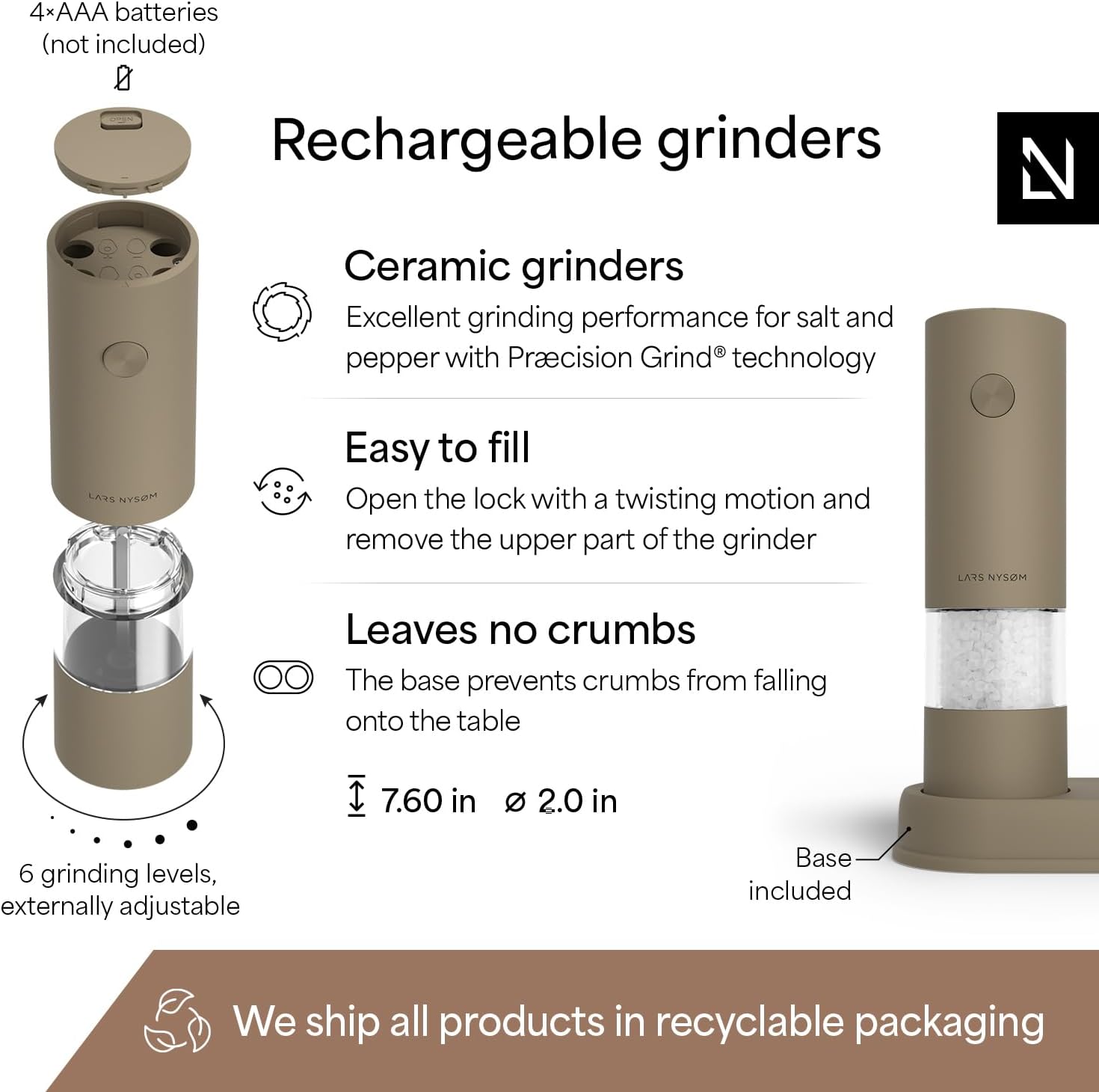 LARS NYSØM Electric Salt and Pepper Grinder Set I Automatic Salt and Pepper Mills with Adjustable Ceramic Grinder I AAA-Battery Operated Electric Spice Mill Set (Taupe Brown) - Image 4