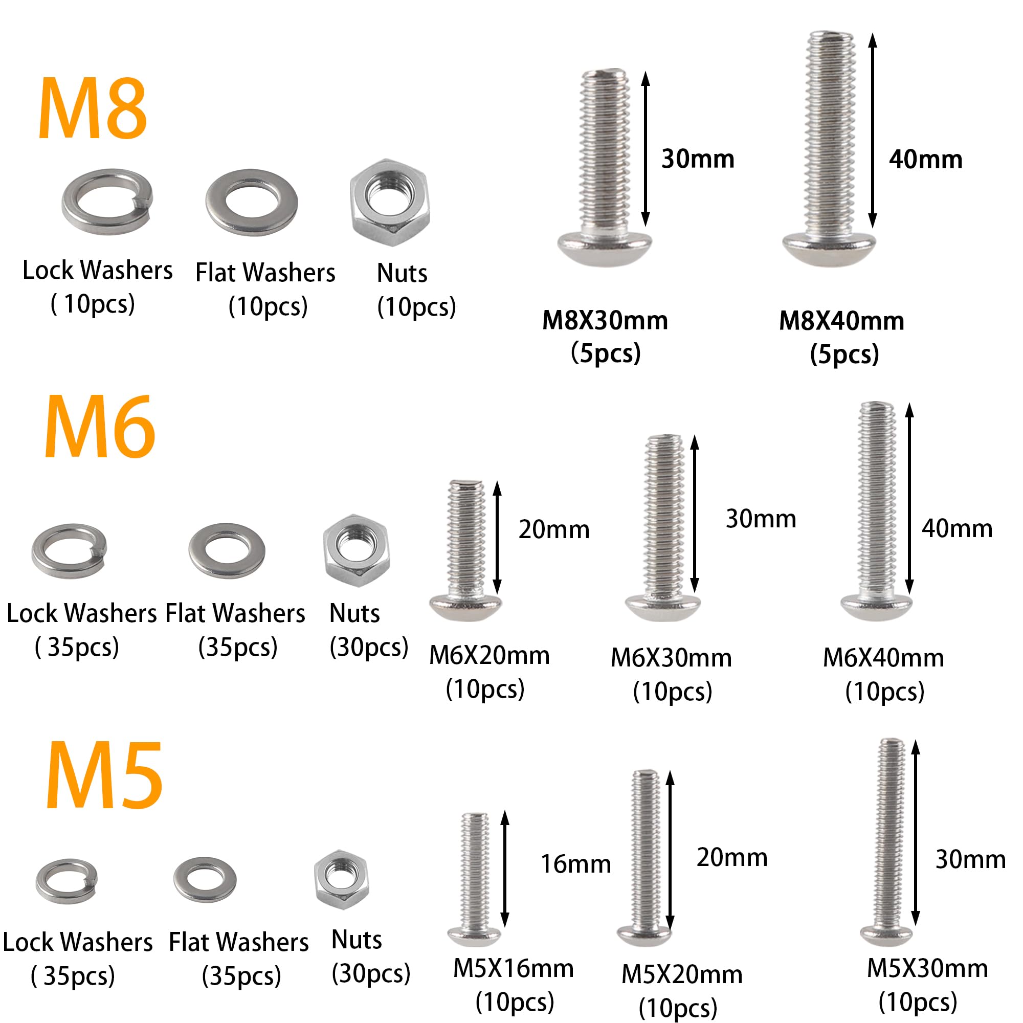 Rshuhx 300pcs Round head Bolts and Nuts and Washers Series set 304 Stainless steel M5 M6 M8 Hexagonal Cylindrical head Mechanical Bolts and nuts Classification box kit With hexagonal wrench - Image 2