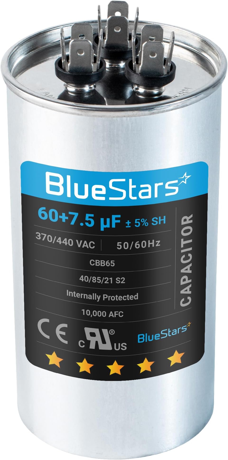 [2025 Updated] BlueStars 60+7.5 uF 60/7.5 MFD ±5% 370 or 440 Volt AC CBB65B Dual Run Round Capacitor Replacement Part, For AC Motor Run Condenser Straight Cool Heat Pump Air Conditioner HVAC Capacitor