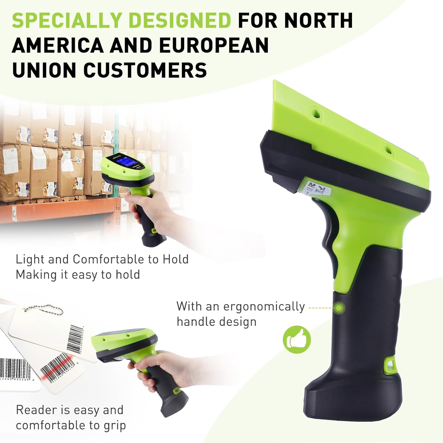 Barcode Scanner Wireless, 1D 2D Automatic Bar Code Scanner with 1.8 Inch Display Screen, Rechargeable Handhold Barcode Reader with 2.4G Wireless Dongle Built in Stand Plug and Play