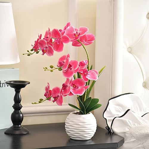 Vista 103 de Flores artificiales de orquídea de tacto real en maceta, flor falsa de Phalaenopsis con jarrón de cerámica blanca, arreglo de orquídeas sintéticas