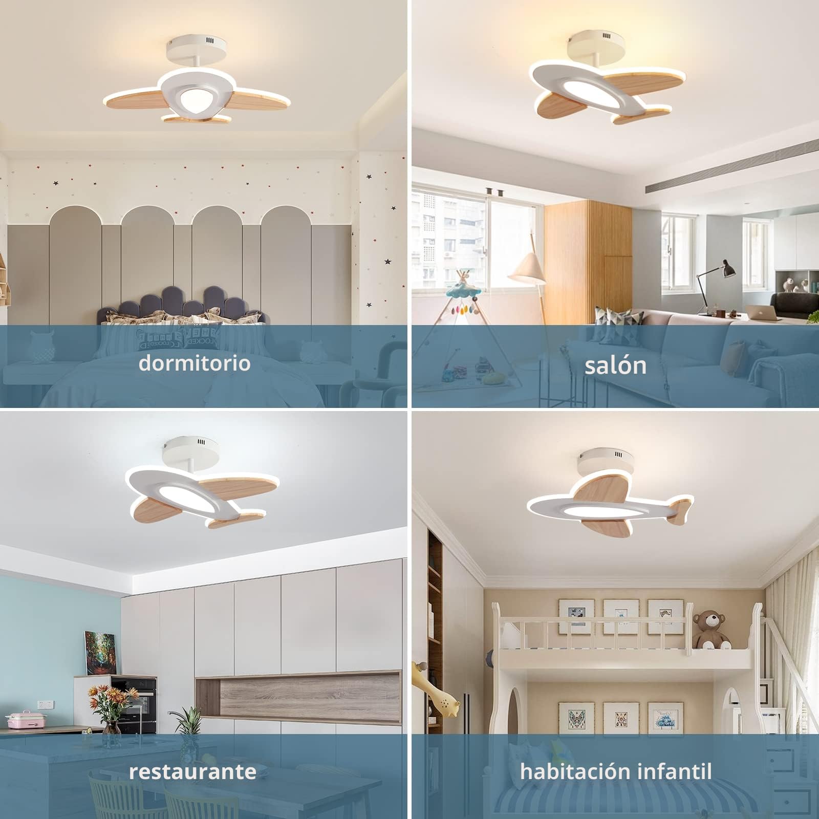 Lámpara de techo LED de 35 W para habitación infantil I con forma de avión regulable con mando a distancia I 50 x 45 cm I 2700-6500 K I Blanco y Madera Accesorios Lámpara de techo