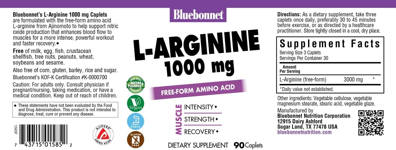 Bluebonnet L-Arginine 1000 mg Capsules, 90 Count