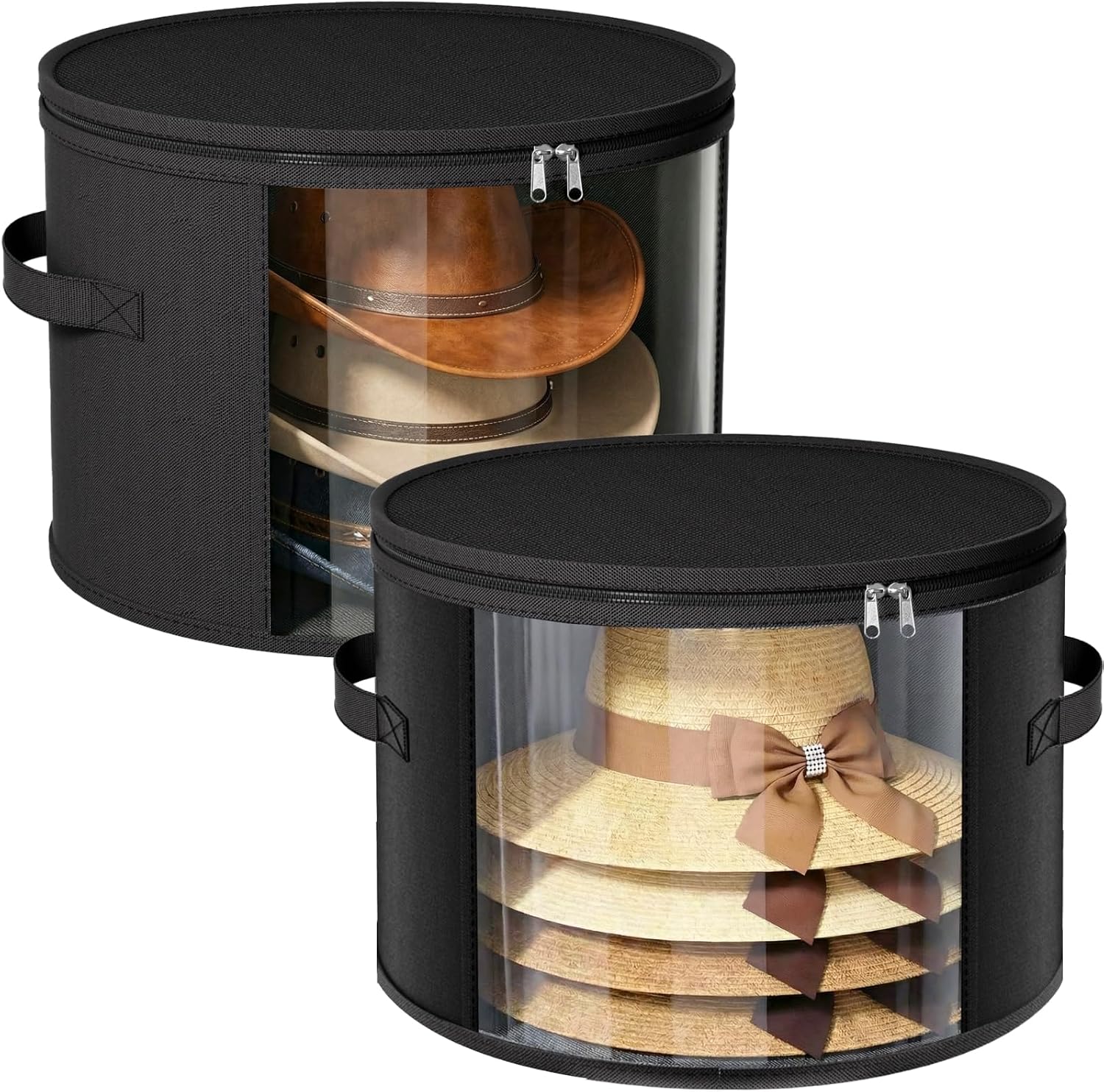 Ofiray-home 2 Pack Large Clear Hat Storage Boxes, Hold up to 7-9 Hats | Hat Organizer for Closet, Sturdy & Foldable, Hat Box with Carrying Handles for Round Brim, Wide-Brim, Cowboy, Sun Hat, Black