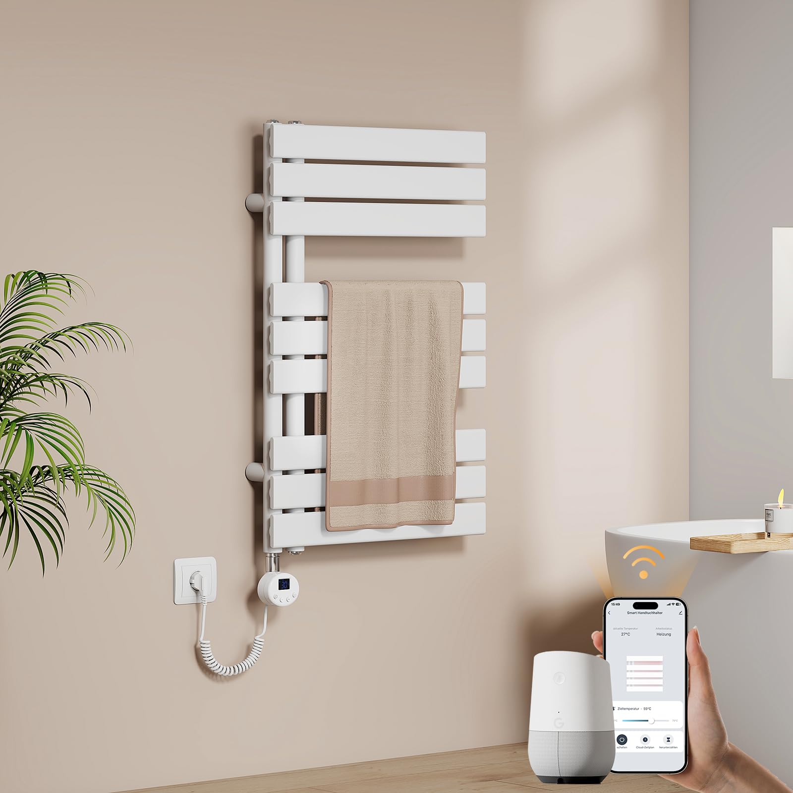 EMKE WiFi Handtuchheizkörper Elektrisch 762x 500 mm - Flach Badheizkörper Elektrisch, Elektrischer Handtuchwärmer Handtuchtrockner Handtuch Heizkörper Bad mit Thermostat und Heizstab - 400W, Weiß