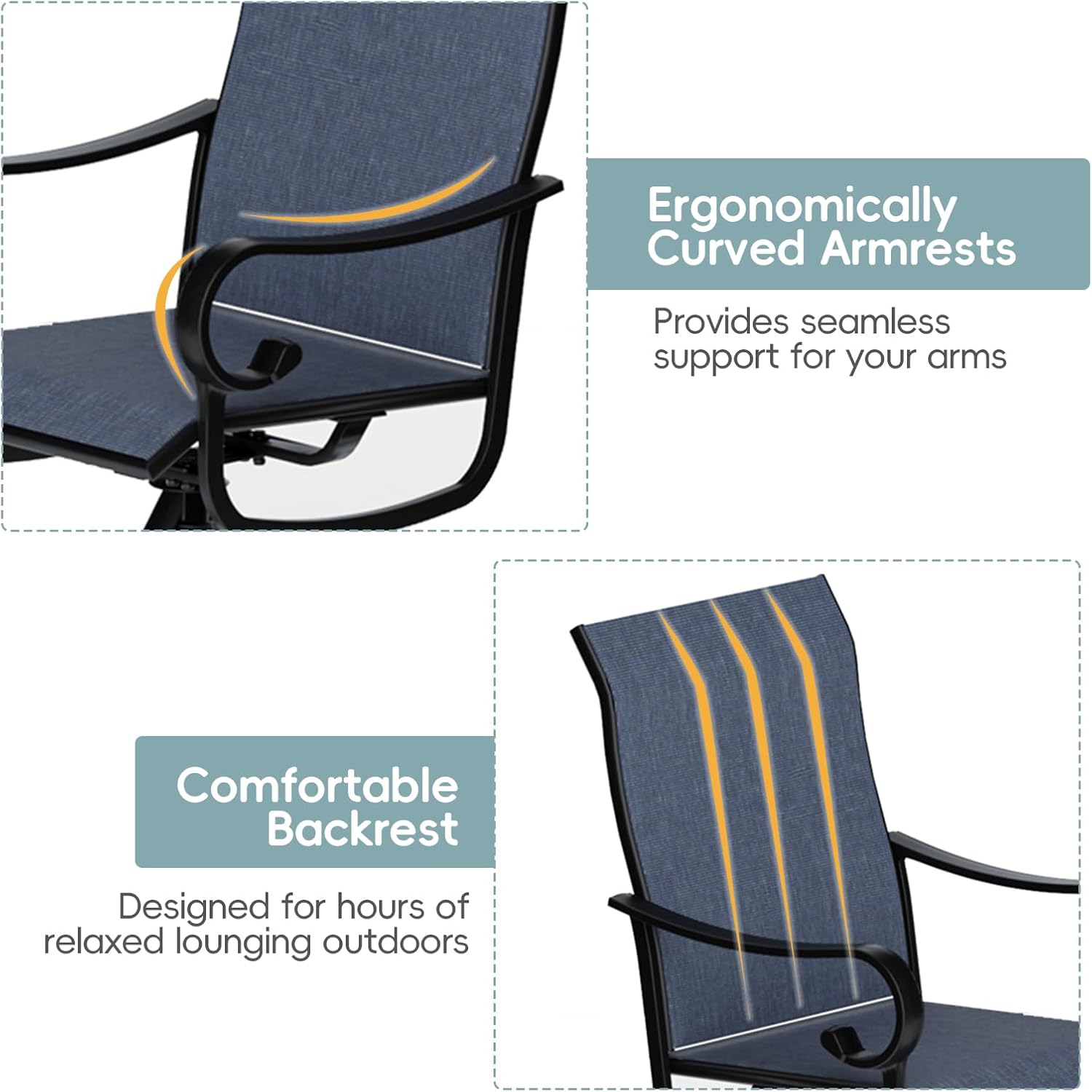 Patio Swivel Chairs Set of 2, Outdoor Dining Chairs with High Back, All-Weather Swivel Rocker Chair with Sturdy Metal Frame for Outdoor Poolside Lawn Garden, Navy Blue