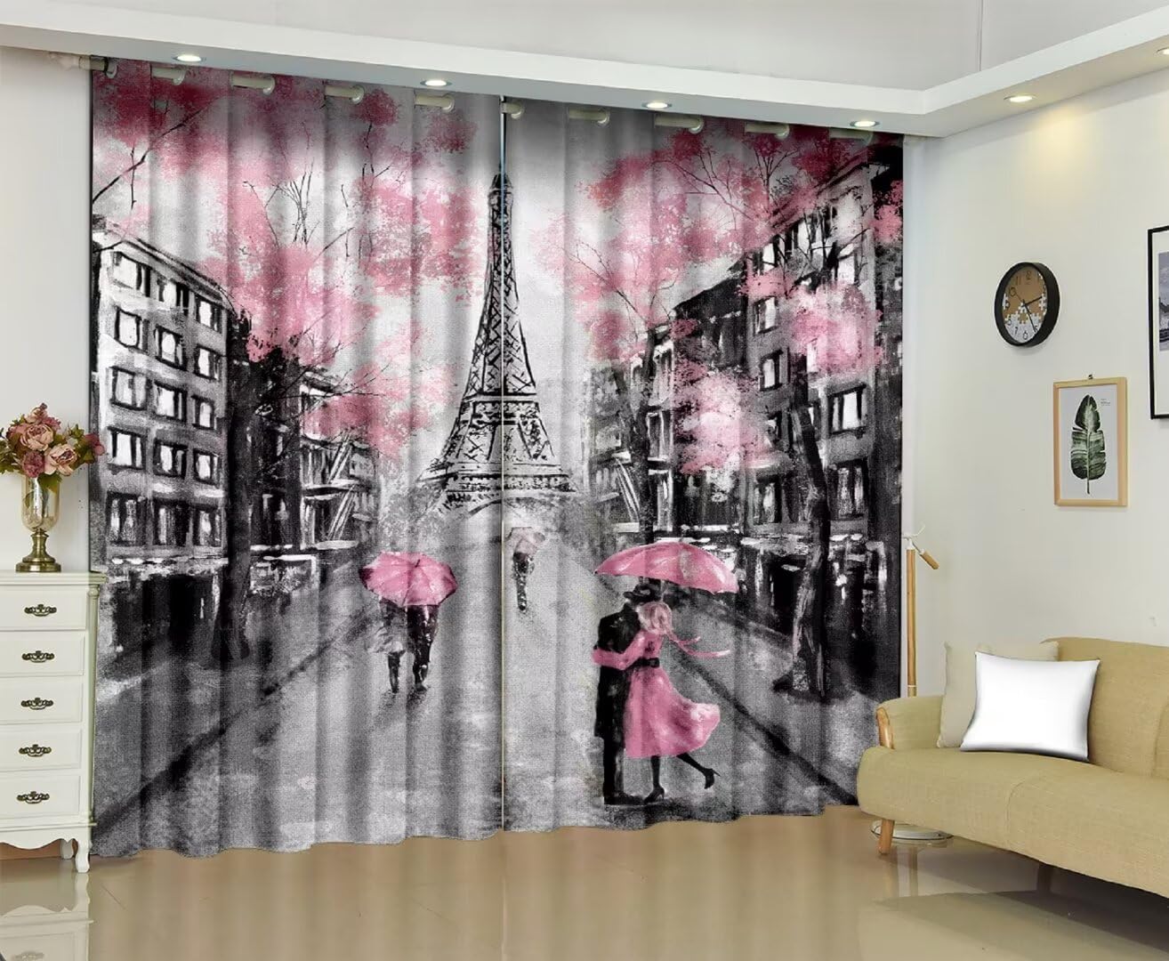 kxry Pink Paris Eiffel Tower Blackout Curtains for Bedroom Living Room French Style Darkening Grommet Curtain 84 Inches Long Window Drapes Treatment Room Decor,2 Panels Set, 52''W x 84''L