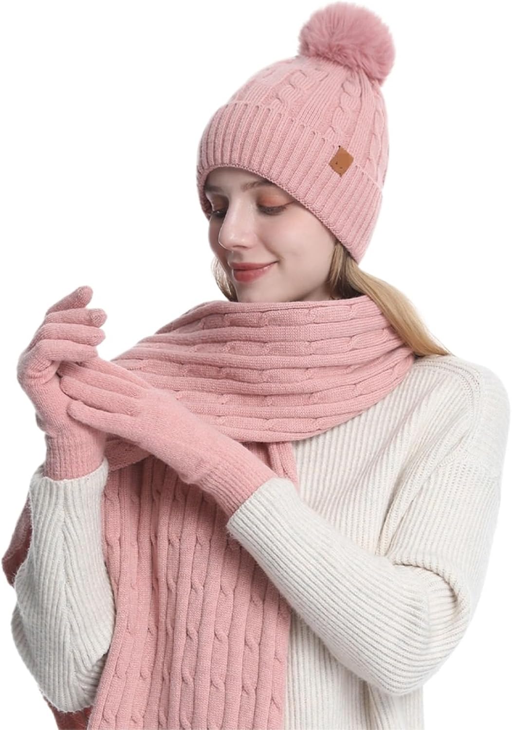 Winter Hat Scarf Gloves Knitted Hat Scarf and Gloves Set for Winter Cycling Warmth for Cold Weather(Pink)