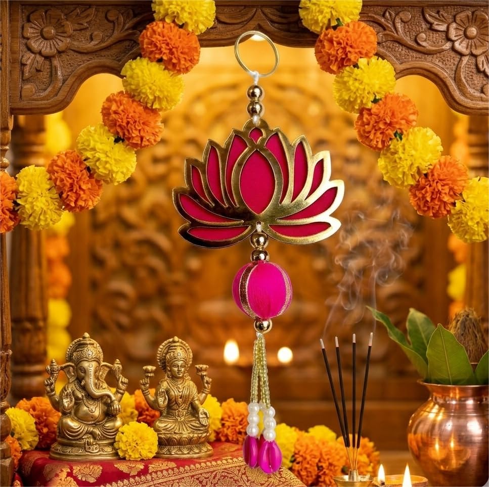 Image of Handcrafted Decorative Wall Decor Hanging Ornament for Ganpati Diwali Navratri and Pooja Setup Ethnic Hanging for Home Entrance and Mandir Temple Decor Set of 6 Lotus MDF Wood with Beads and Pearls