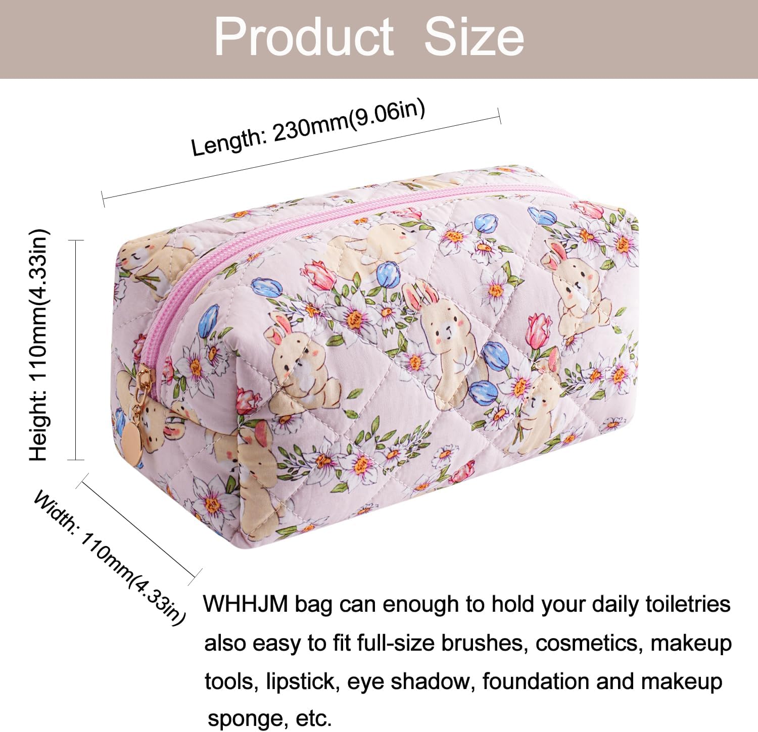 Cute Floral Makeup Bag Small Cotton Quilted Cosmetic Bag, Aesthetic Essential Bag Emergency Bag Gift for Women Girls Travel Accessories (Yellow Rabbit) image 4