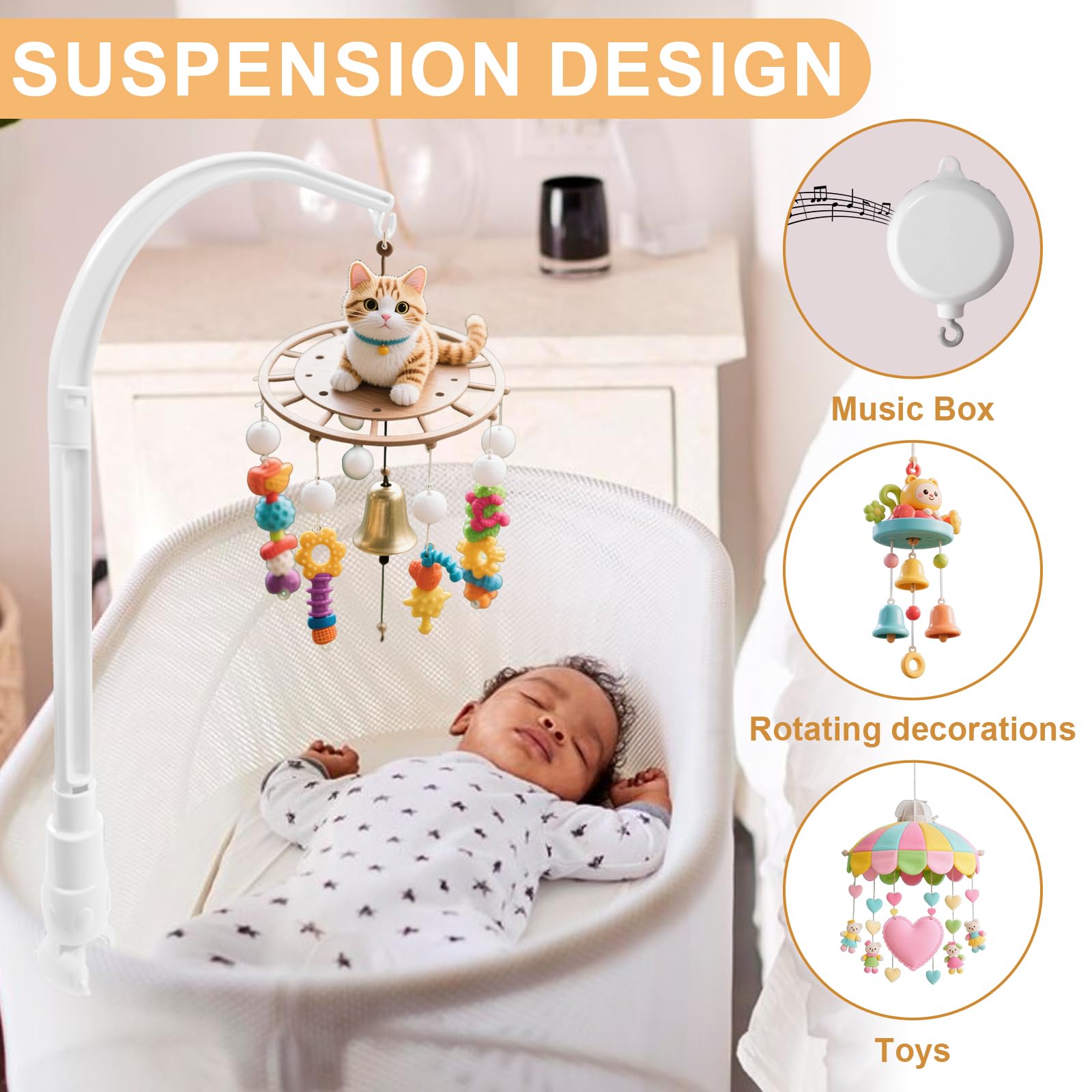 Supporto Giostrina Culla, Supporto Mobile per Lettino, Mobile Ad Angolo Regolabile, Supporto per Lettino, Regalo di Nascita per Neonato, Bianco