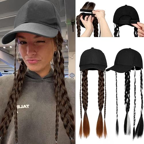 Qlenkay Extensiones de cabello sintético de 24.4 pulgadas de largo, con gorra ajustable, para mujer, color blanco y negro