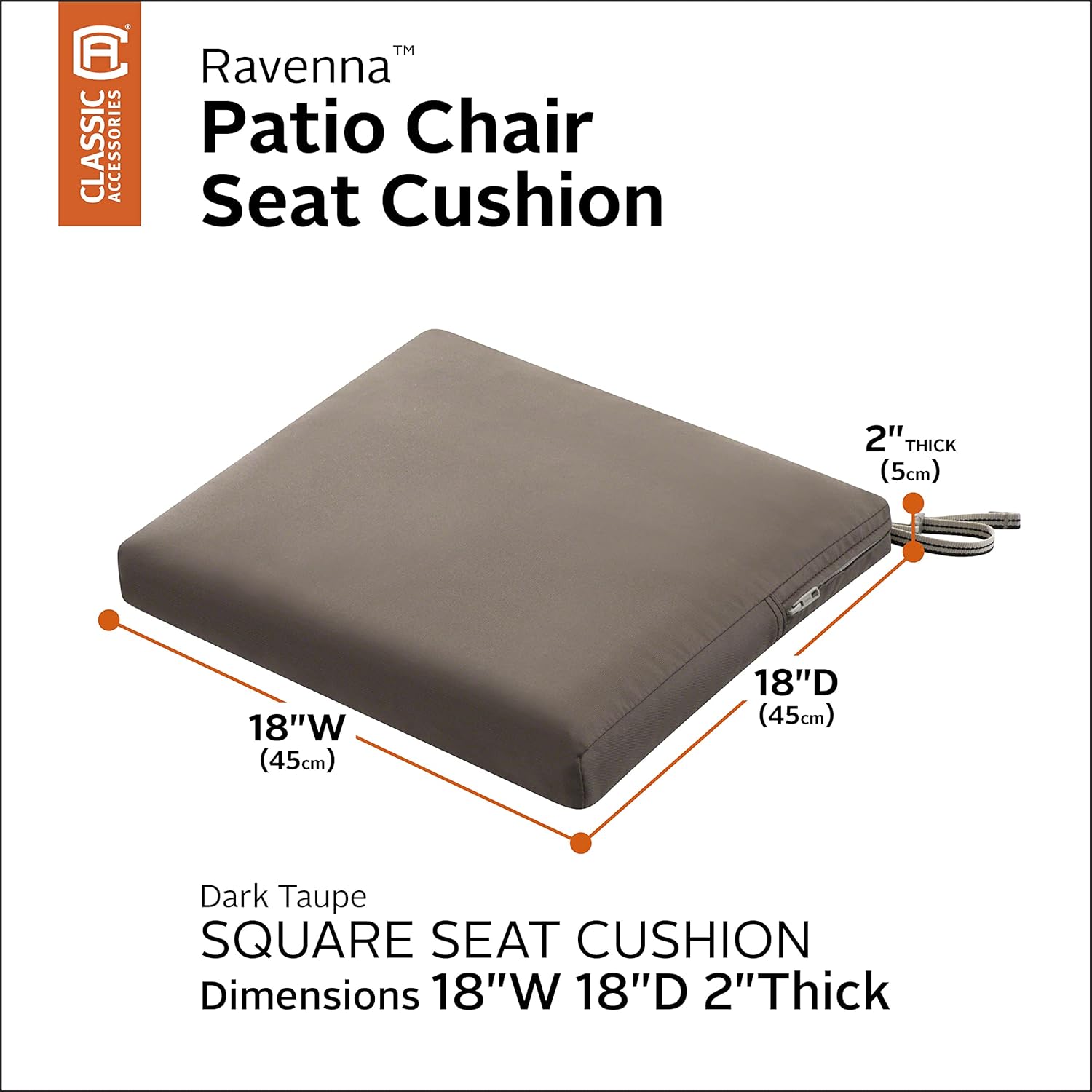Classic Accessories Ravenna Water-Resistant Patio Chair Seat Cushion, 18 x 18 x 2 Inch, Dark Taupe, Patio Furniture Cushions : Patio, Lawn & Garden