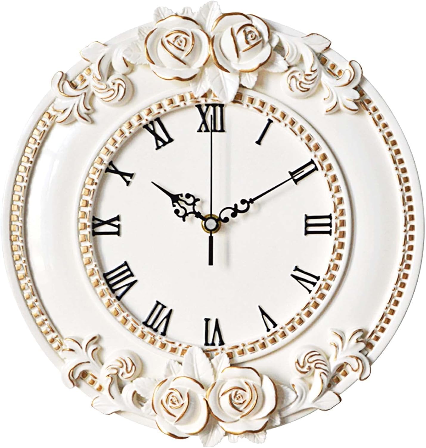 European Retro Wall Clock Decor,Mute Rose Relief Battery Operated Clock for Living Room,Mural Restaurant,Wall Crafts Decor (Round Rose)