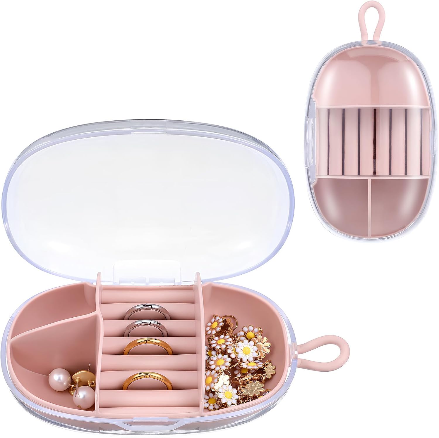 NOLITOY Portable Travel Jewelry Organizer Box Small Abs Jewelry Case with Two Compartments and Several Ring Rolls Compact Design Protects for Travel Storage