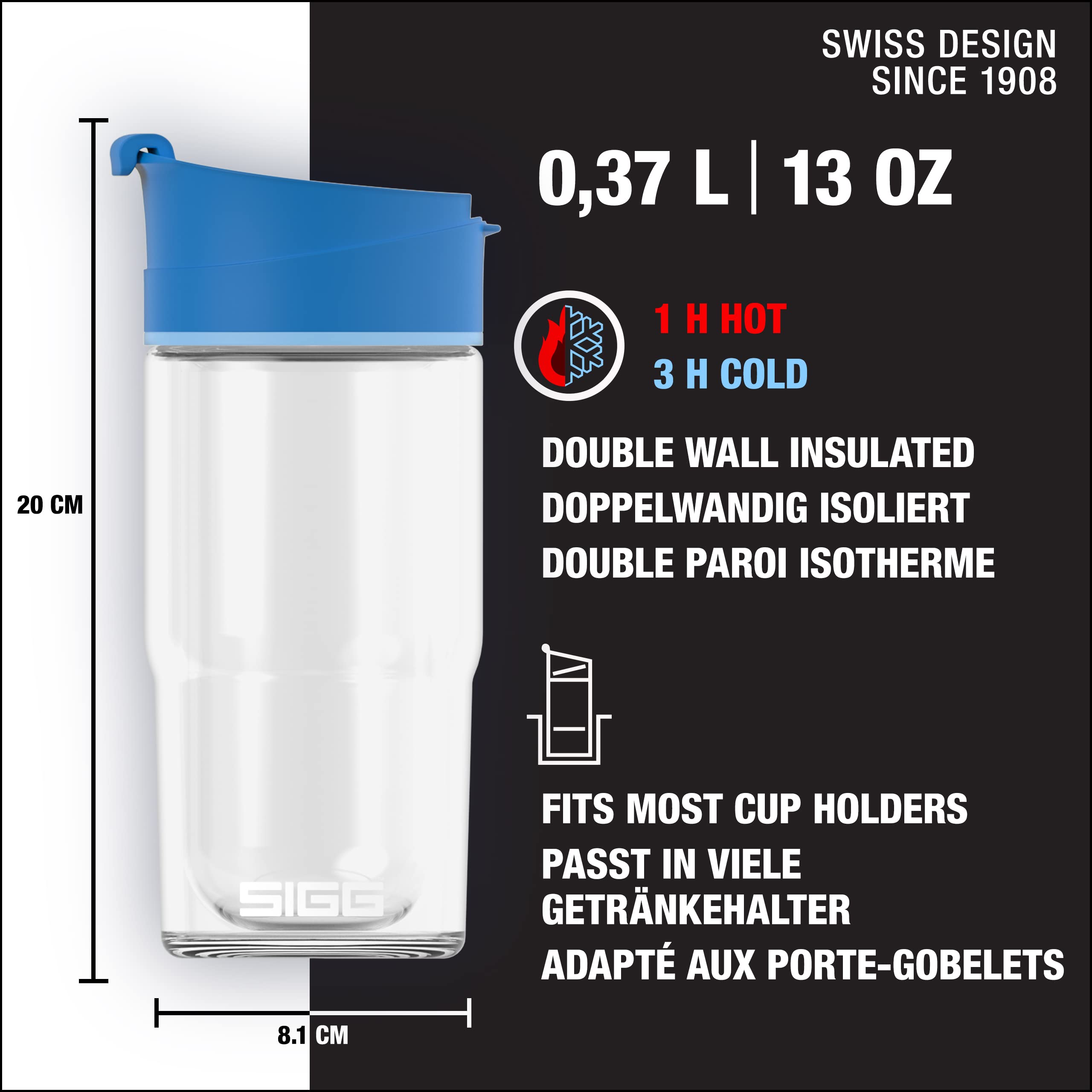 SIGG - Mug Isotherme - Travel Mug Nova - Avec Couvercle À Clapet - Lavage Au Lave-Vaisselle - Étanche - Sans BPA - Résiste À La Chaleur - En Verre - 0,37L
