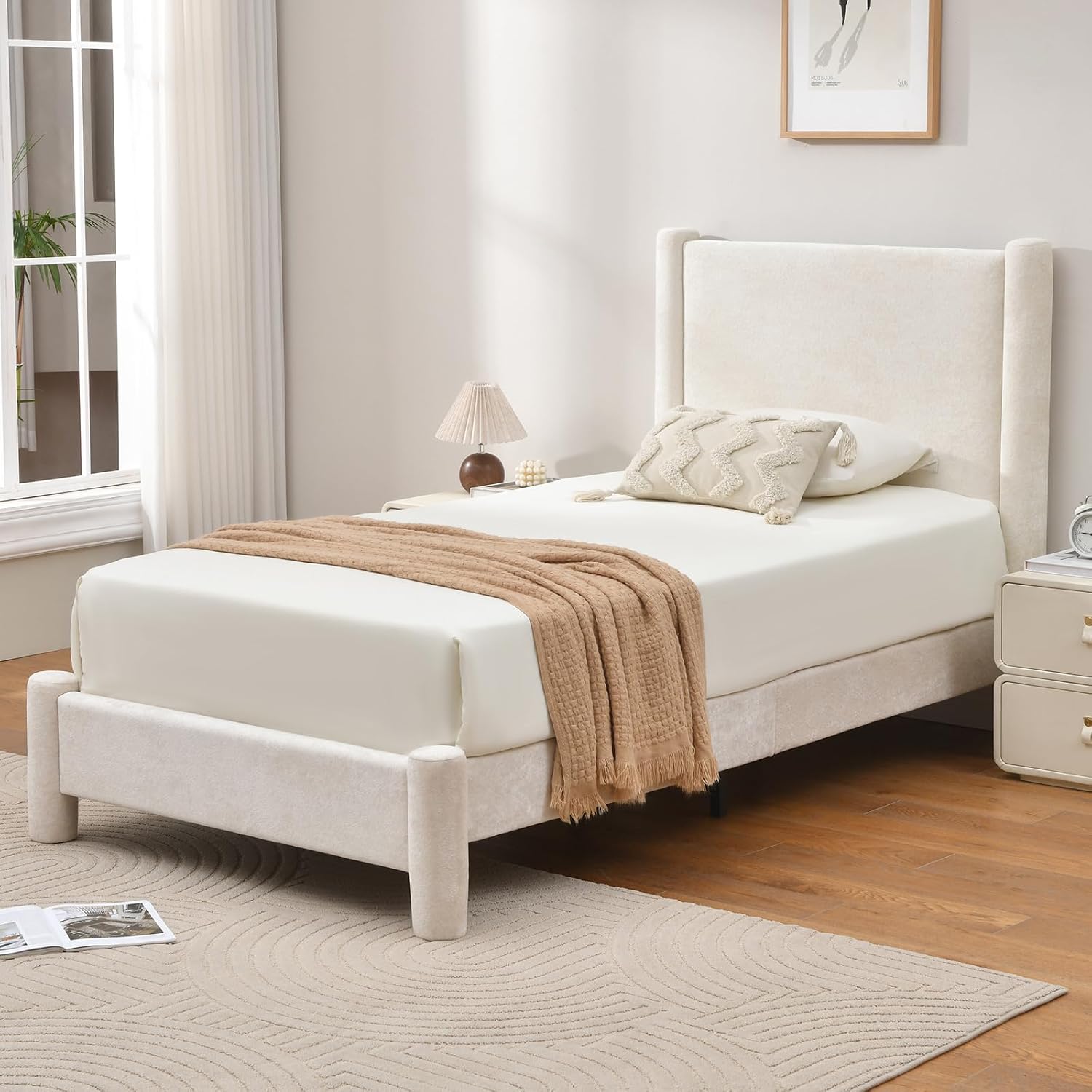 VELOCAVA Twin Size Upholstered Platform Bed Frame with Soft Rounded Corners, 44.88" Tall Headboard, Luxury Plush Velvet Upholstery, 11 Slats & 5 Center Legs, No Box Spring Needed, Cream White