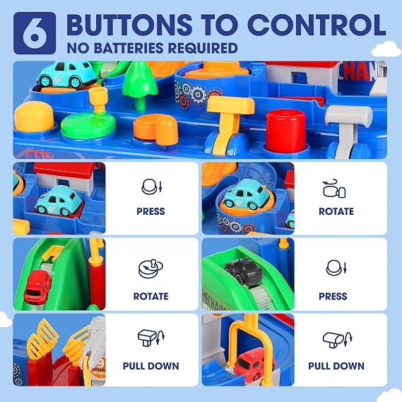 TODARRUN Car Race Track Toy for Boys Girls Age 3-6, Car Adventure Playset 6 Interactive Buttons 9 Challenges, STEM Learning City Rescue Vehicle Set, Birthday for Kids 3 4 5 6 Year Old
