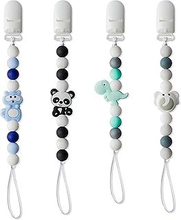4Pcs Silicone Pacifier Clip for Babies Infant Animal Teething Soothie Toy Panda Dinosaur Elephant Raccoon Pacifier Clip Babies Teethers Clips for Baby Shower Birthday Keepsake Christmas New Year Gift